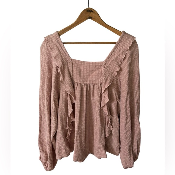 Free People | Women’s mauve waffle knit ballon sleeve square neck shirt, size S - Picture 2 of 9
